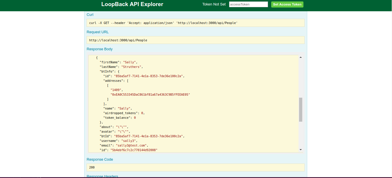 Loopback explorer showing the result of a user query